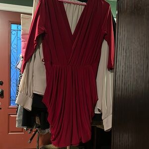 Papaya Red Ruched Bodycon Dress with Plunge Neckline